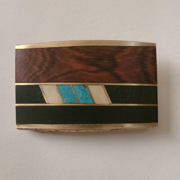 Unisex 1.25" Vintage SST Brass Belt Buckle Inlaid Turquoise MOP Wood Inlay 70s - Picture 1 of 3